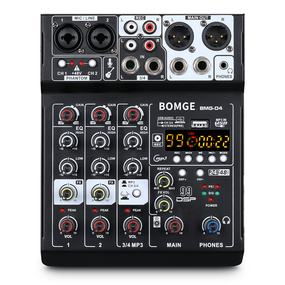 BOMGE D4 Audio Mixer 4 Channel Mini Mixer with 99 DSP,USB Audio Interface & Bluetooth for Karaoke, Podcast, Live Streaming