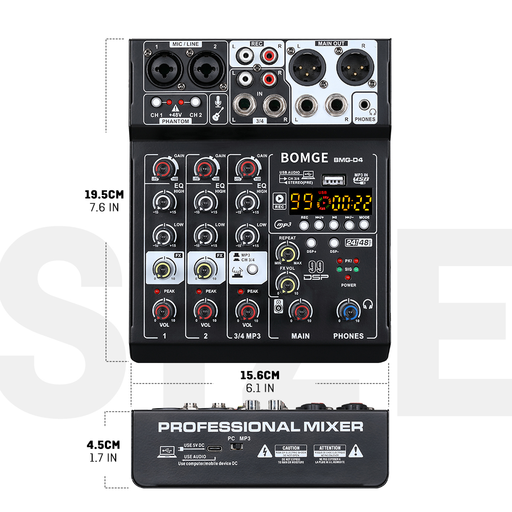 BOMGE D4 Audio Mixer 4 Channel Mini Mixer with 99 DSP,USB Audio Interface & Bluetooth for Karaoke, Podcast, Live Streaming