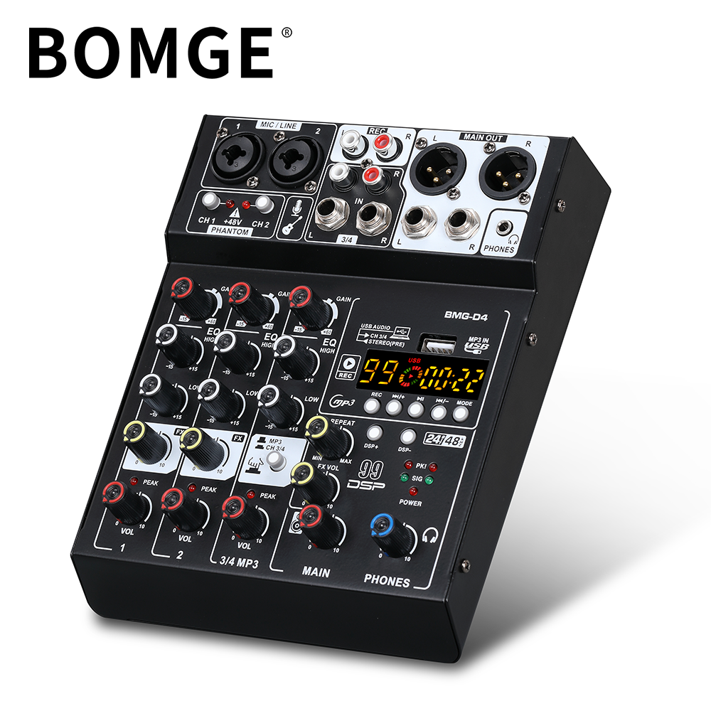 BOMGE D4 Audio Mixer 4 Channel Mini Mixer with 99 DSP,USB Audio Interface & Bluetooth for Karaoke, Podcast, Live Streaming