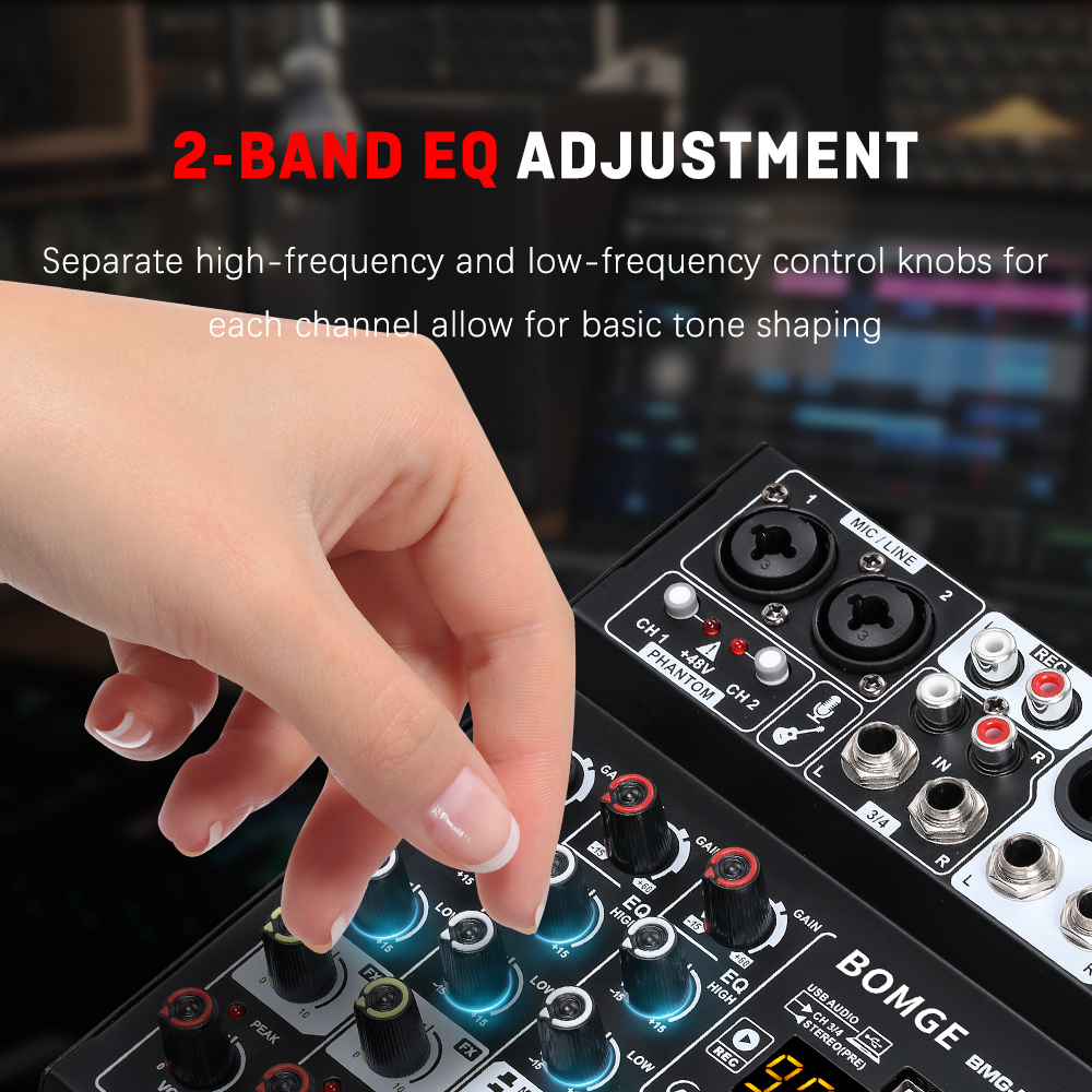 BOMGE D4 Audio Mixer 4 Channel Mini Mixer with 99 DSP,USB Audio Interface & Bluetooth for Karaoke, Podcast, Live Streaming