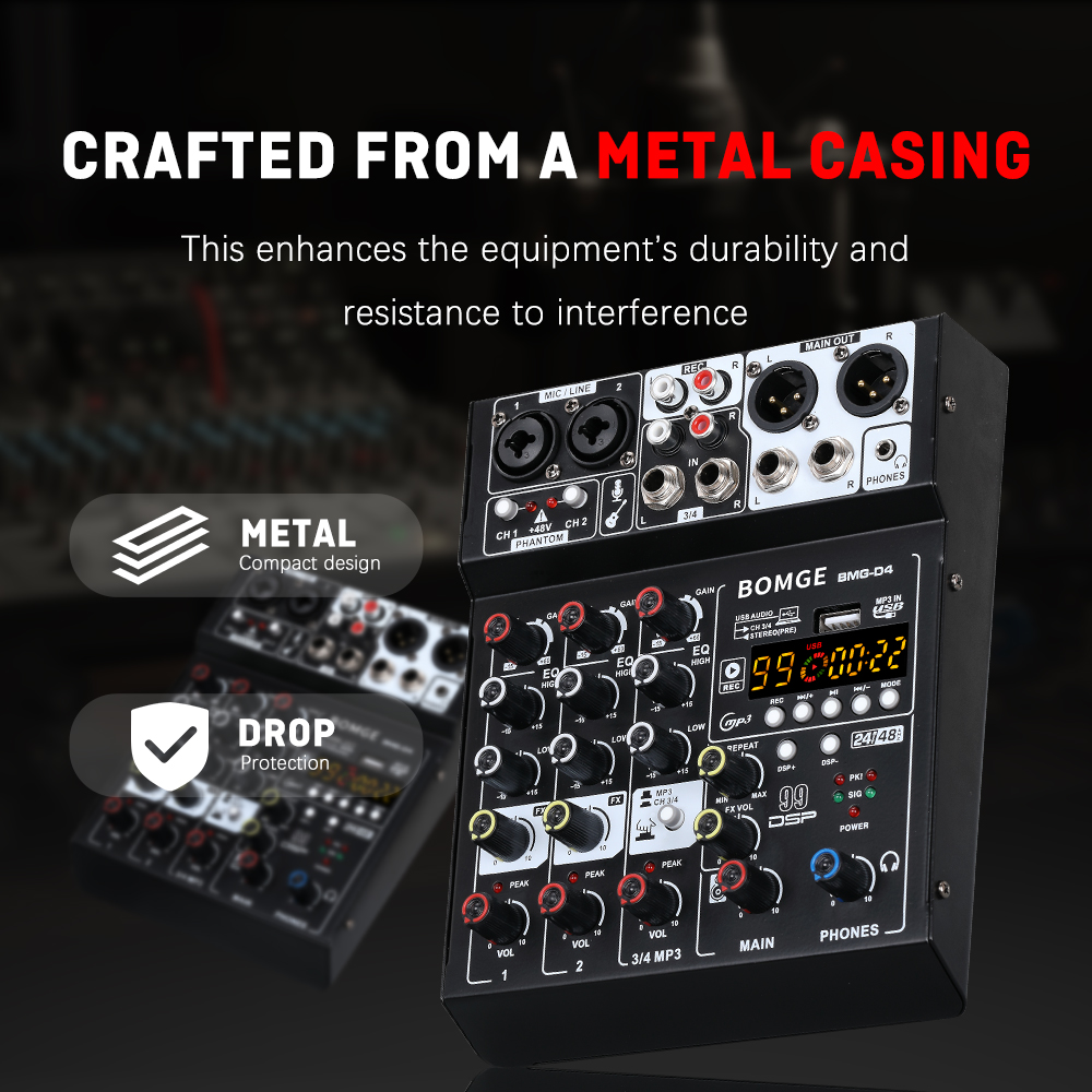 BOMGE D4 Audio Mixer 4 Channel Mini Mixer with 99 DSP,USB Audio Interface & Bluetooth for Karaoke, Podcast, Live Streaming