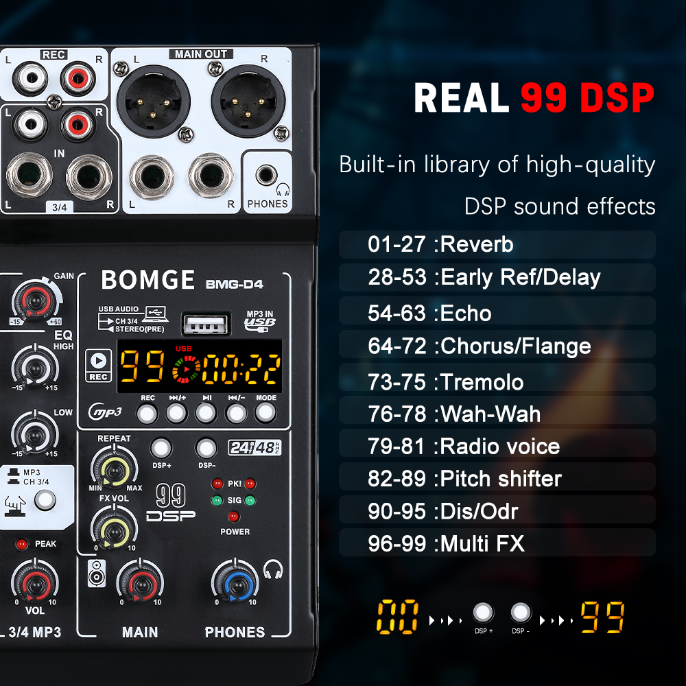 BOMGE D4 Audio Mixer 4 Channel Mini Mixer with 99 DSP,USB Audio Interface & Bluetooth for Karaoke, Podcast, Live Streaming