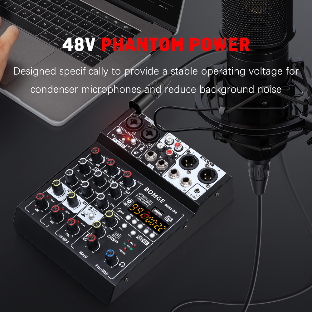 BOMGE D4 Audio Mixer 4 Channel Mini Mixer with 99 DSP,USB Audio Interface & Bluetooth for Karaoke, Podcast, Live Streaming