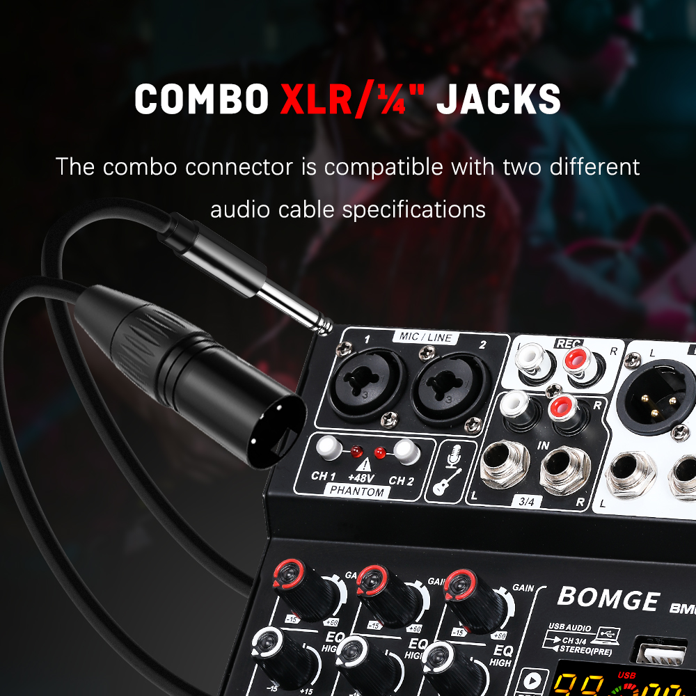 BOMGE D4 Audio Mixer 4 Channel Mini Mixer with 99 DSP,USB Audio Interface & Bluetooth for Karaoke, Podcast, Live Streaming