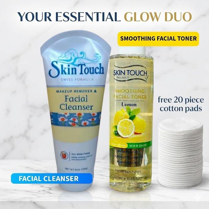 Skin Touch Facial Cleanser & Lemon Smoothing Toner—Alcohol-Free, All Skin Types + FREE 20-piece pack of premium cotton pads
