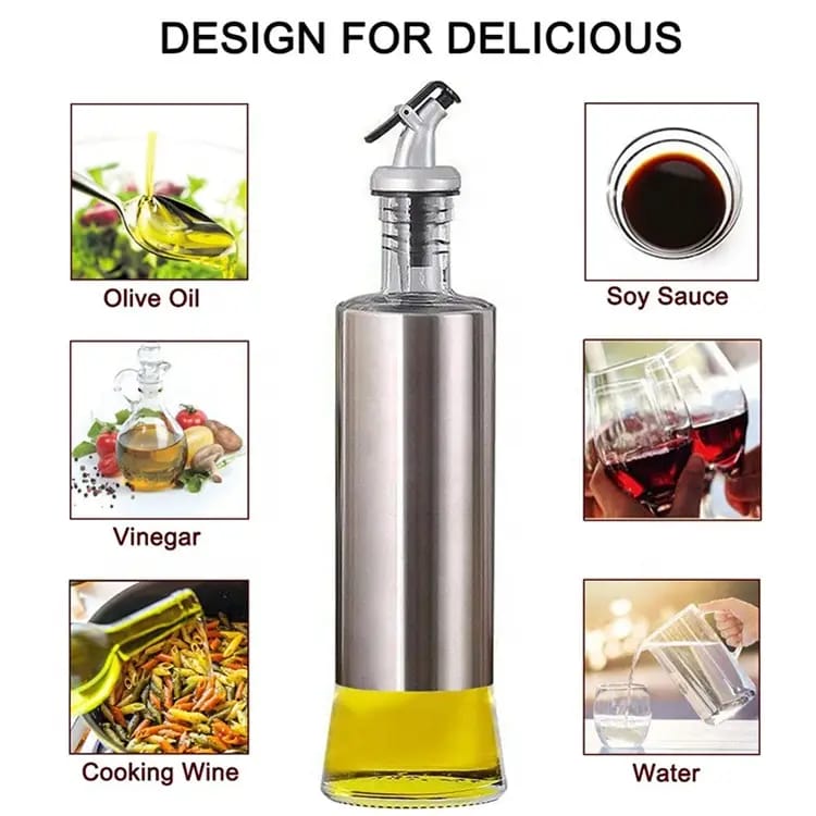 2-Piece Oil and Vinegar Kitchen Automatic Dispenser Set - 500ml Glass Bottles with Stainless Steel Pour Spouts for Cooking, Salads and Dressing