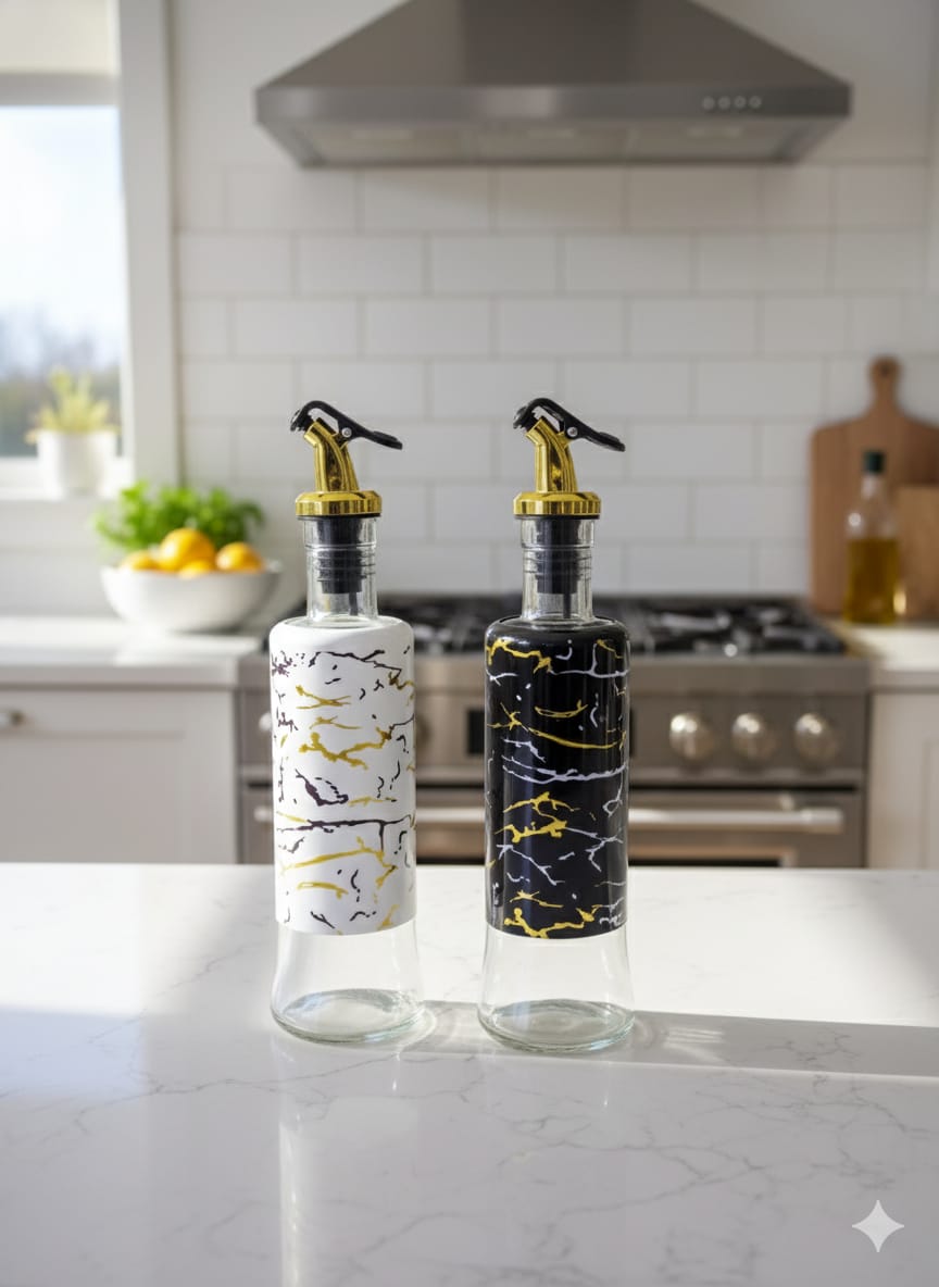 2-Piece Oil and Vinegar Kitchen Automatic Dispenser Set - 500ml Glass Bottles with Stainless Steel Pour Spouts for Cooking, Salads and Dressing