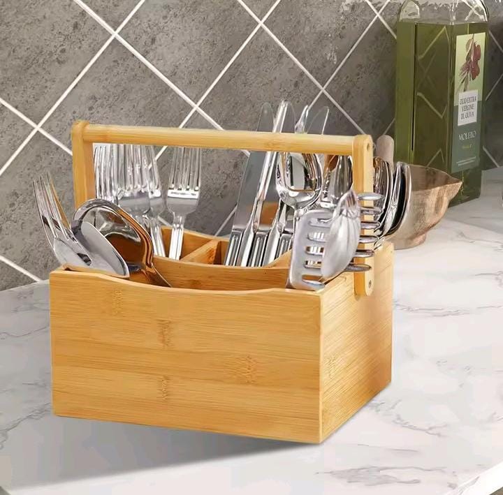 High Quality Portable Countertop Kitchen Cutlery Organizer with Handle - Bamboo Storage Box for Forks, Spoons, Knives, Utensils and Kitchen Organization