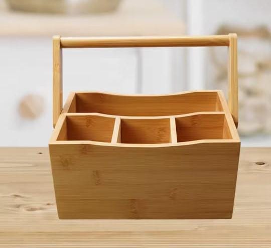 High Quality Portable Countertop Kitchen Cutlery Organizer with Handle - Bamboo Storage Box for Forks, Spoons, Knives, Utensils and Kitchen Organization