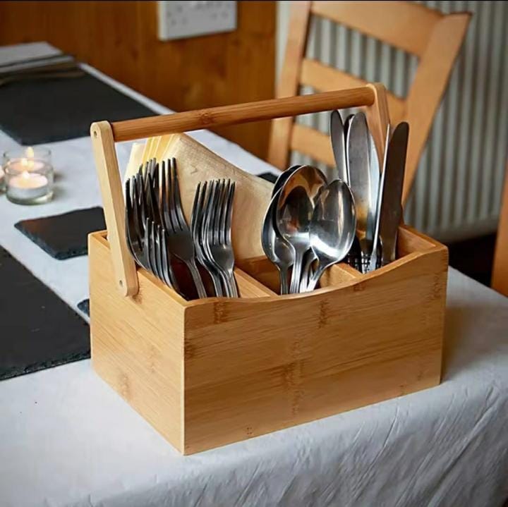 High Quality Portable Countertop Kitchen Cutlery Organizer with Handle - Bamboo Storage Box for Forks, Spoons, Knives, Utensils and Kitchen Organization