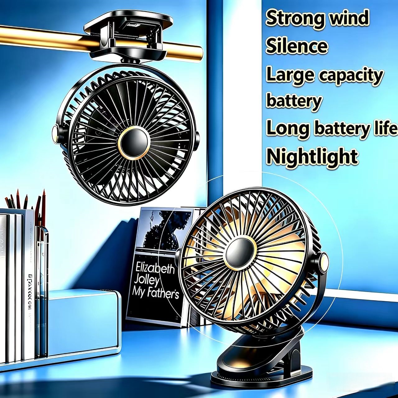 Portable Fan USB fan multi function portable clip fan 360° rotation USB chargable Quiet table fan Electric Fan with Night lamp Desk Fan Student Dormitory Mini Fan for Home Office Car Outdoor Travel