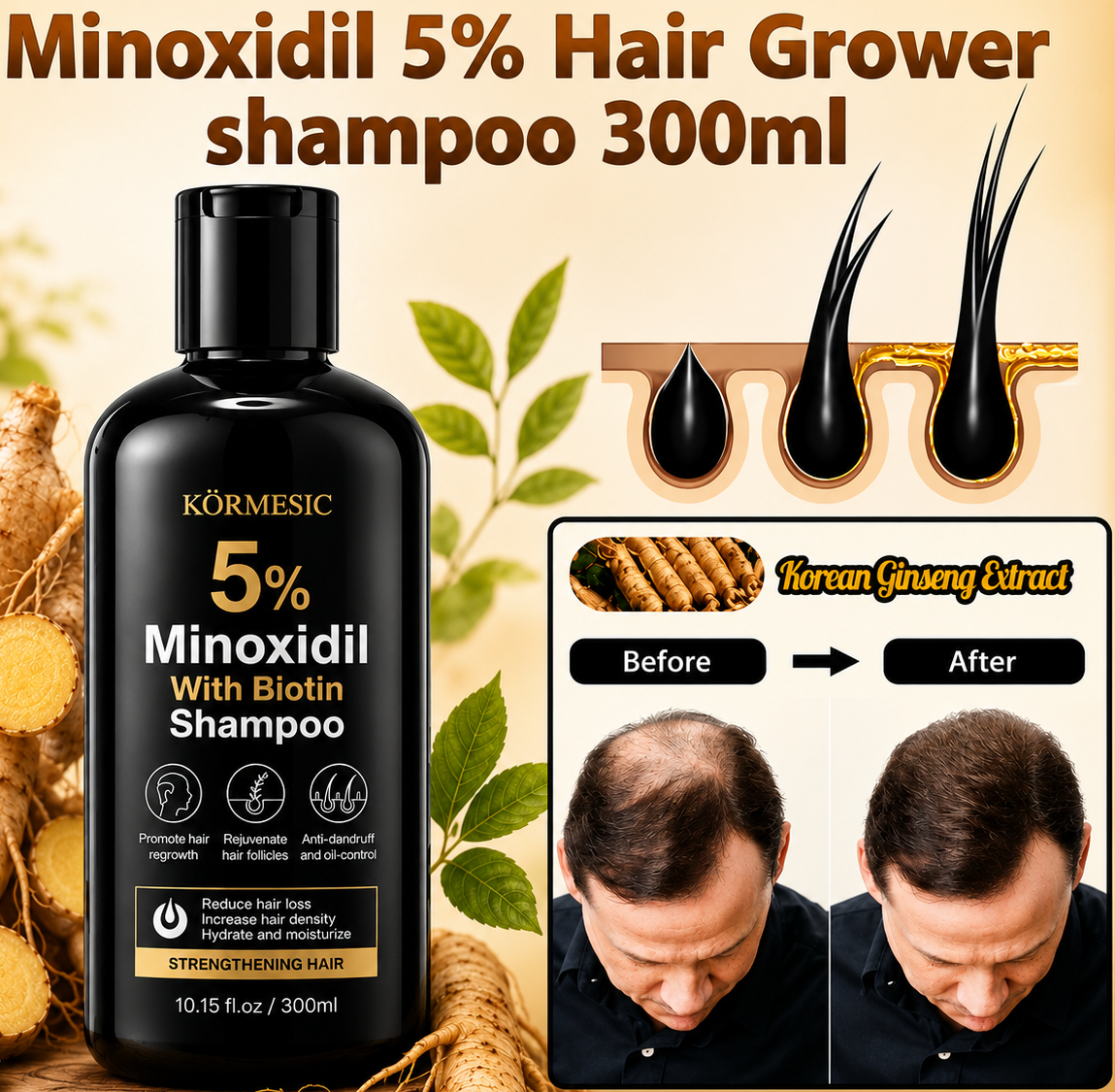 5% Minoxidil Shampoo Hair Growth, Biotin Ginseng and Ginger Hair Regrowth Shampoo for Thinning Hair, Scalp Care for Men and Women, Thicker Fuller Hair,Anti Hair Loss Treatment,Strengthens Roots
