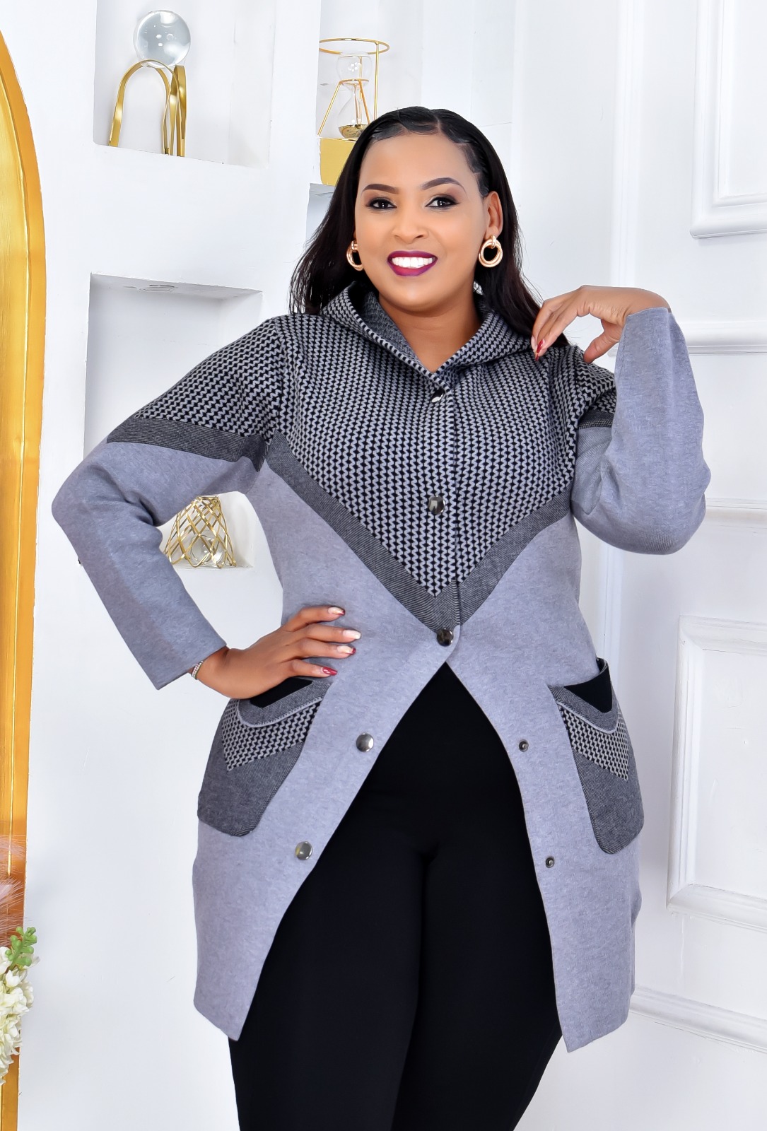Original Turkey Sweaters Women's Free Size Fits All Knit Longline Warm Sweater Hoodie Jacket with Snap Buttons and Patch Pockets Casual Outerwear Coat, Plus Size Warm Cardigan Jacket for Ladies