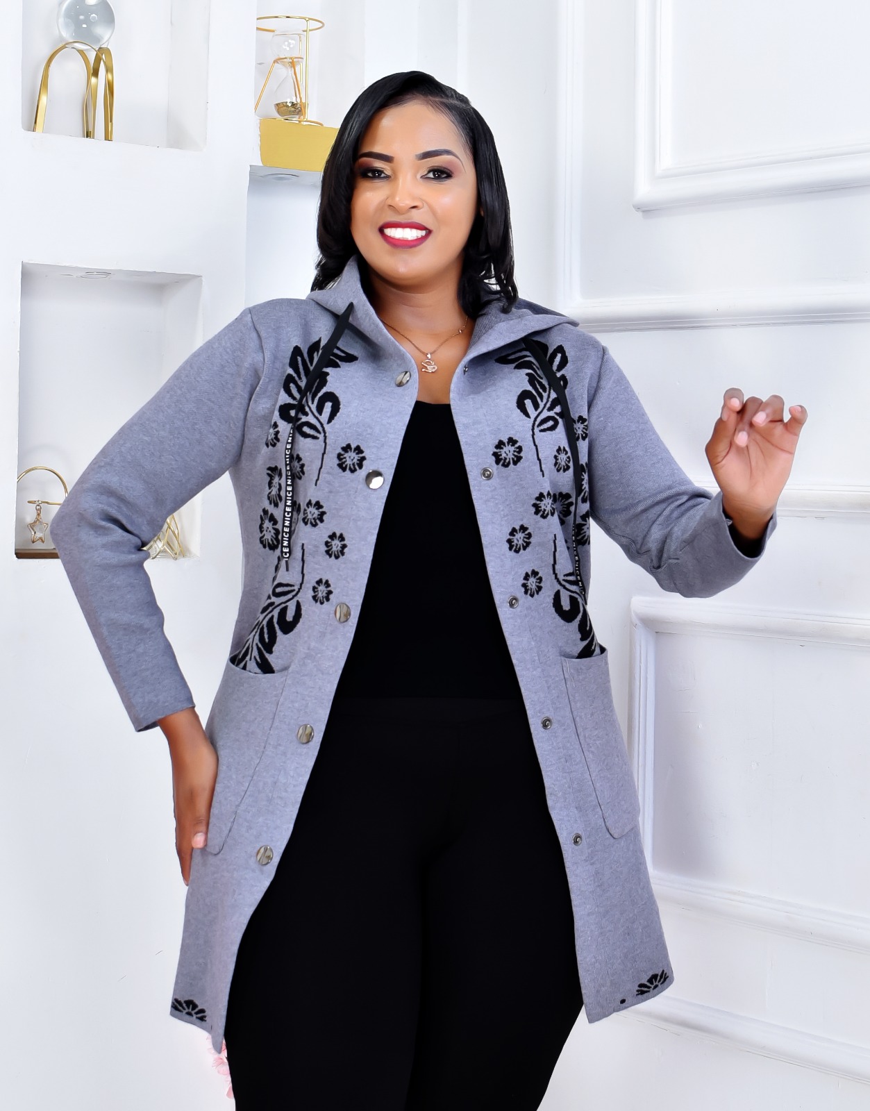Original Turkey Women's Floral Print Longline Hoodie Sweater Jacket with Snap Buttons and Pockets Casual Outerwear Coat, Plus Size Curvy Fit, Warm Free Size Cardigan Jacket Heavy Sweater for Ladies