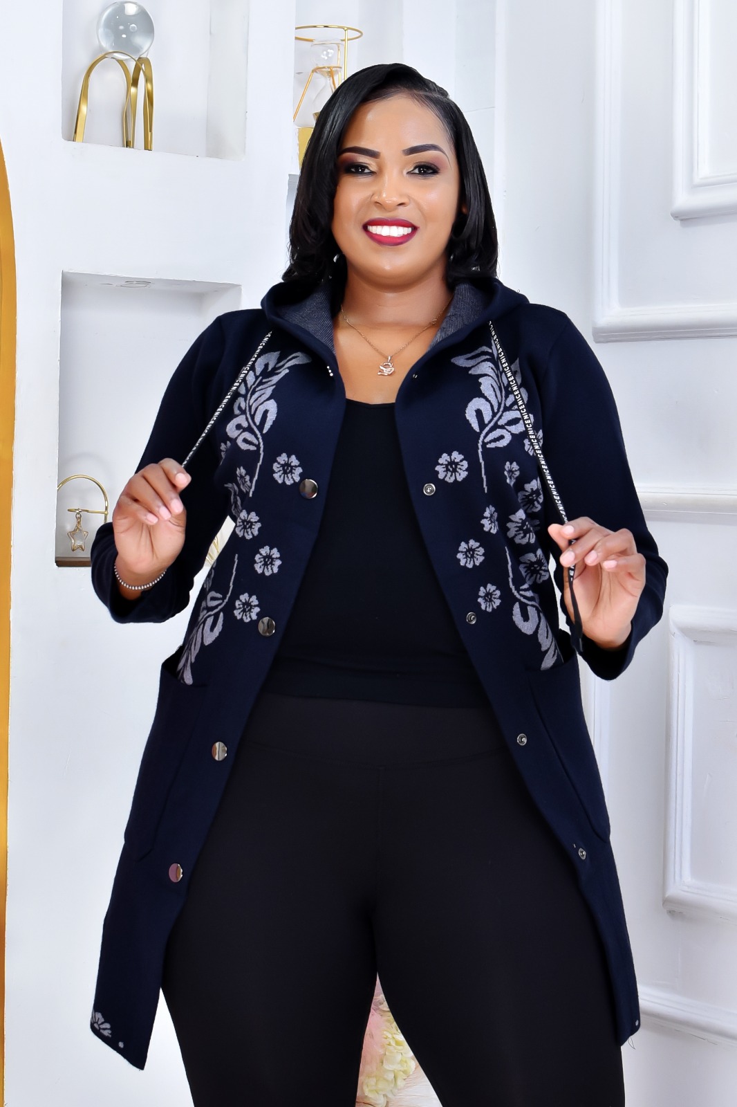 Original Turkey Women's Floral Print Longline Hoodie Sweater Jacket with Snap Buttons and Pockets Casual Outerwear Coat, Plus Size Curvy Fit, Warm Free Size Cardigan Jacket Heavy Sweater for Ladies