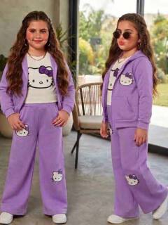 Hello Kitty 3-piece lavender purple fleece outfit for girls, which includes a zip-up hoodie, a t-shirt, and matching wide-leg sweatpants