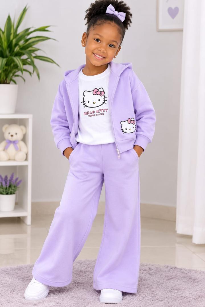 Hello Kitty 3-piece lavender purple fleece outfit for girls, which includes a zip-up hoodie, a t-shirt, and matching wide-leg sweatpants