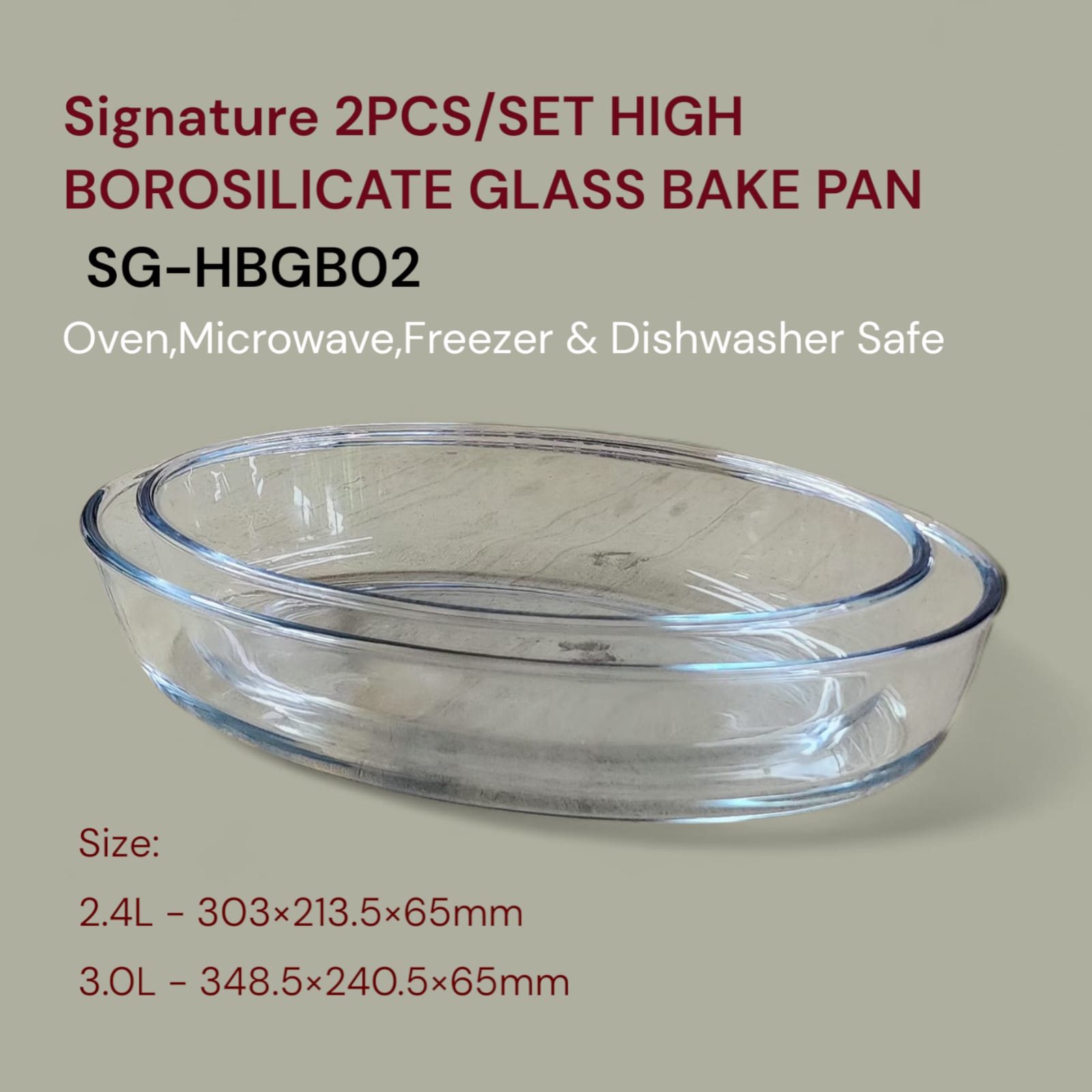 Set of 2PCS High Borosilicate Kitchen Glass Baking Pan Set 2.4L & 3.0L – Oven Safe Bakeware, Microwave, Freezer & Dishwasher Safe Durable Food Storage Dishes