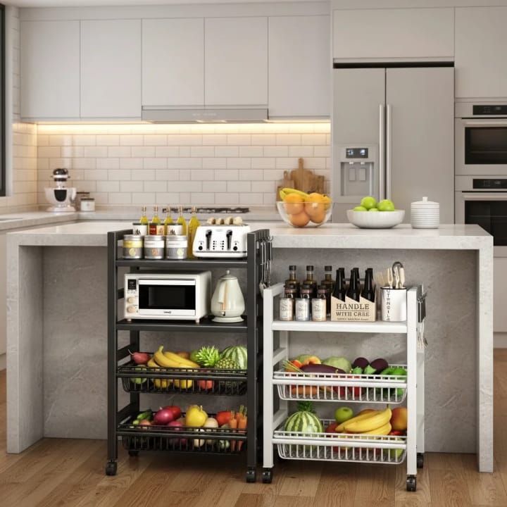 Multi-Layer Heavy Metallic Storage Rack Organizer – Rolling Kitchen, Bathroom, Bedroom & Office Storage Shelf with Lockable Wheels for Fruits, Toiletries, Toys & Supplies