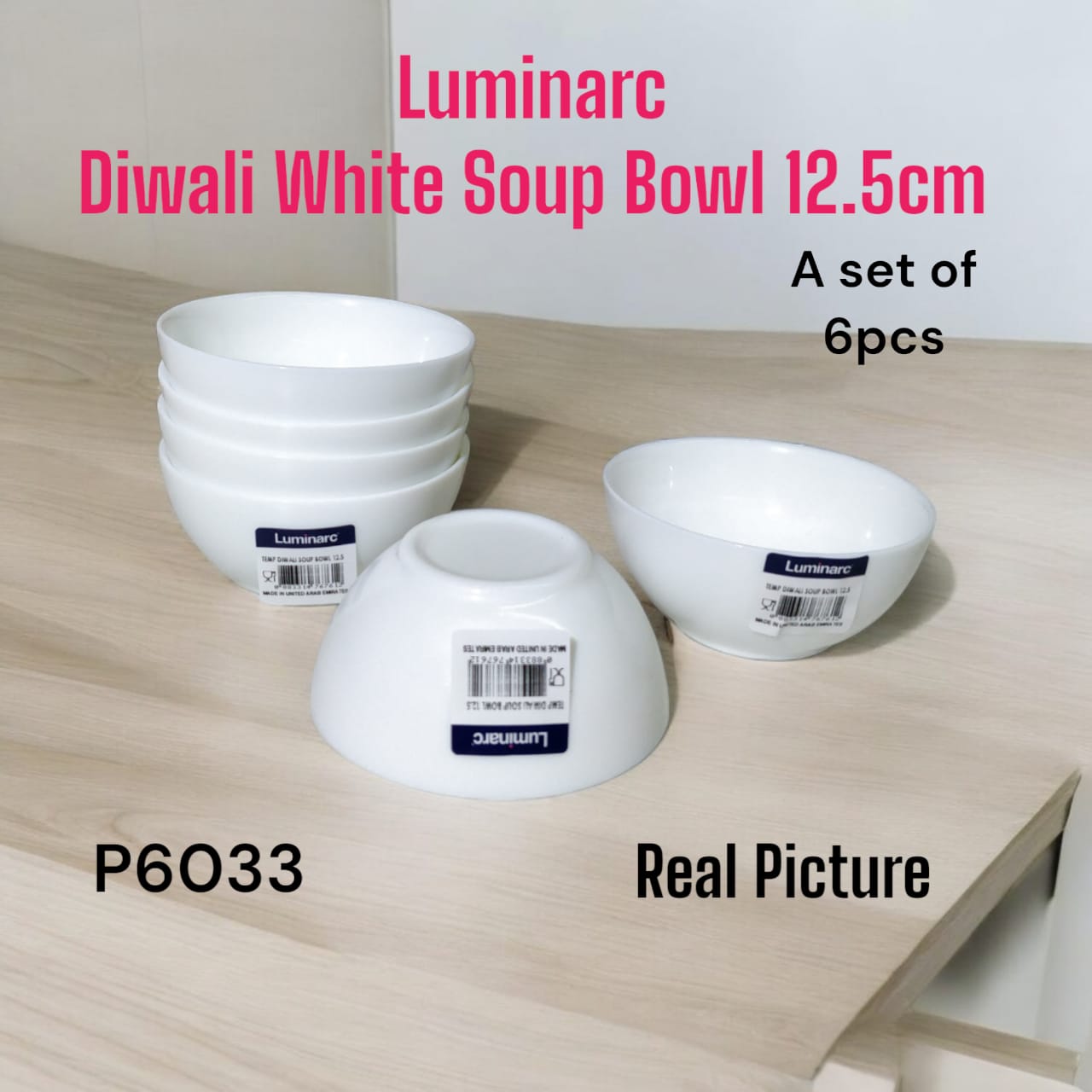 Set of 6pcs Luminarc Diwali Kitchen White Soup Bowls – Tempered Opal Glass Microwave Safe Break Resistant Toughened Extra Strong Scratch Resistant for Daily Use.