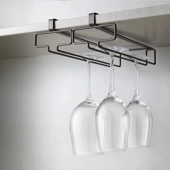 Punch-Free Under Cabinet Metallic Wine Glass Holder – Champagne & Wine Glass Hanging Rack, Multipurpose Kitchen Cabinet Stemware Storage Organizer