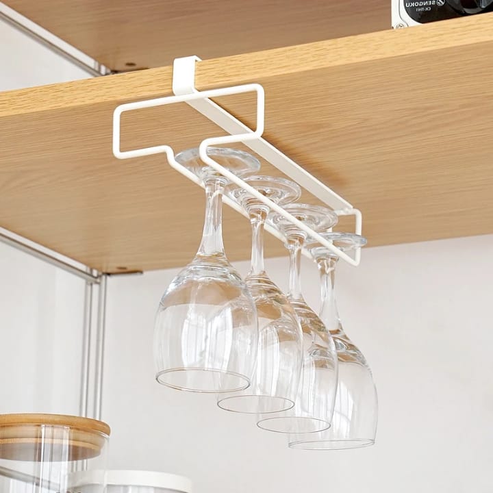 Punch-Free Under Cabinet Metallic Wine Glass Holder – Champagne & Wine Glass Hanging Rack, Multipurpose Kitchen Cabinet Stemware Storage Organizer