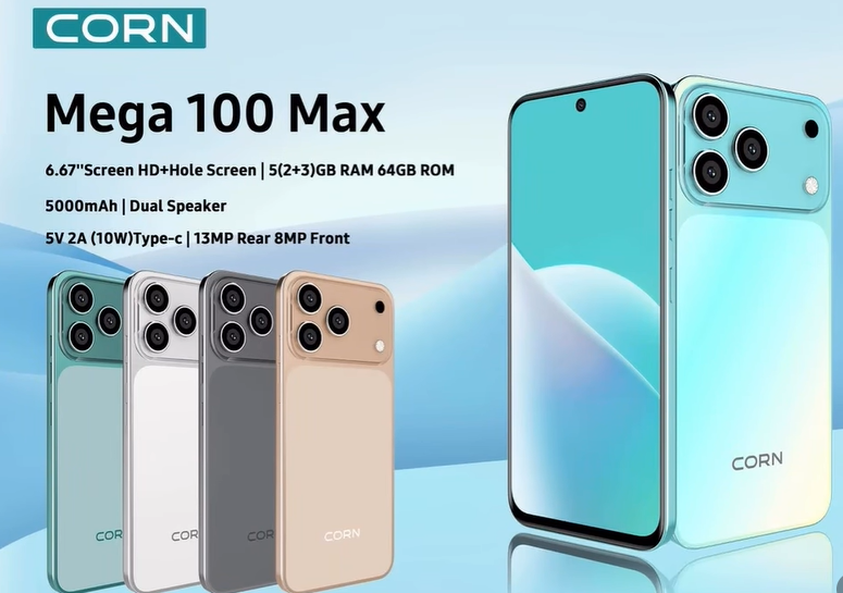 CORN MEGA 100 MAX 6.67"HD 64GB ROM, 5(2+3)GB RAM 5000mAh STRONG BATTERY DUAL SIM CARD SMART PHONE SIDE-MOUNTED FINGERPRINT FACE UNLOCK,13MP ULTRA CAMERA 8MP SELFIE Smart Phones