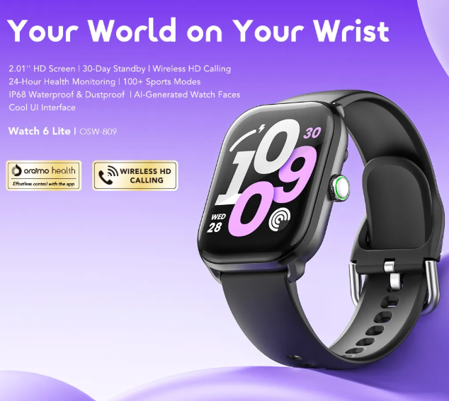 Oraimo Watch 6 Lite 2.01” HD Screen Smart Watch 24 Hour Health Monitoring