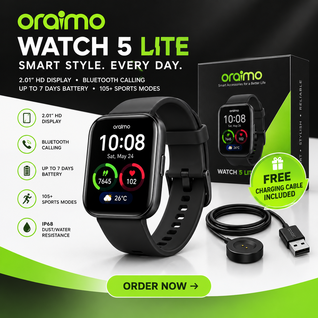 Oraimo SMART Watch 5 Lite OSW-804 Smart Watch - 2.01" HD Touch Screen, Bluetooth 5.3 Calling, 105 Sports Modes, Heart Rate & SpO2, IP68, Pink/Rose Gold - 1 Year Warranty
