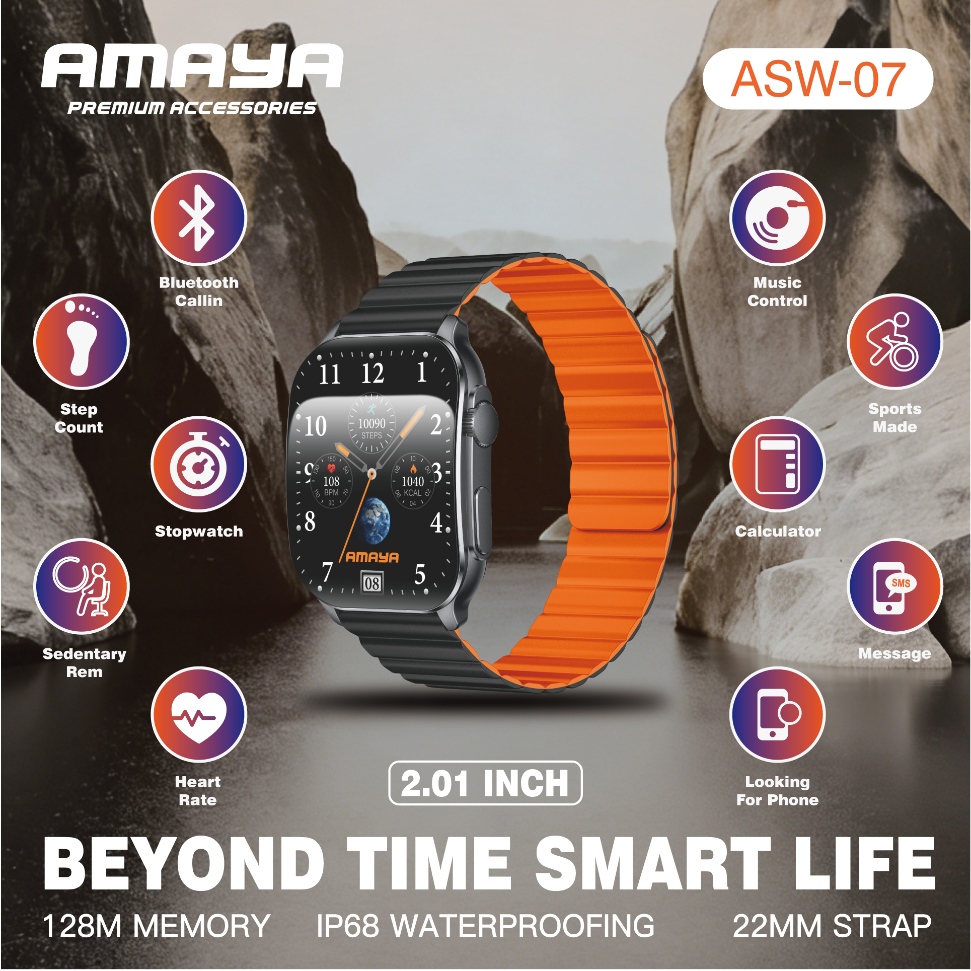 AMAYA ASW-07 PREMIUM SMARTWATCH EQUIPPED WITH DUAL STRAPS, Magnetic Straps, Blood Oxygen Monitor, Heart Rate Monitor, Bluetooth Call, Blood Pressure, AMOLED, IP68 WATERPROOF, Long Battery Life