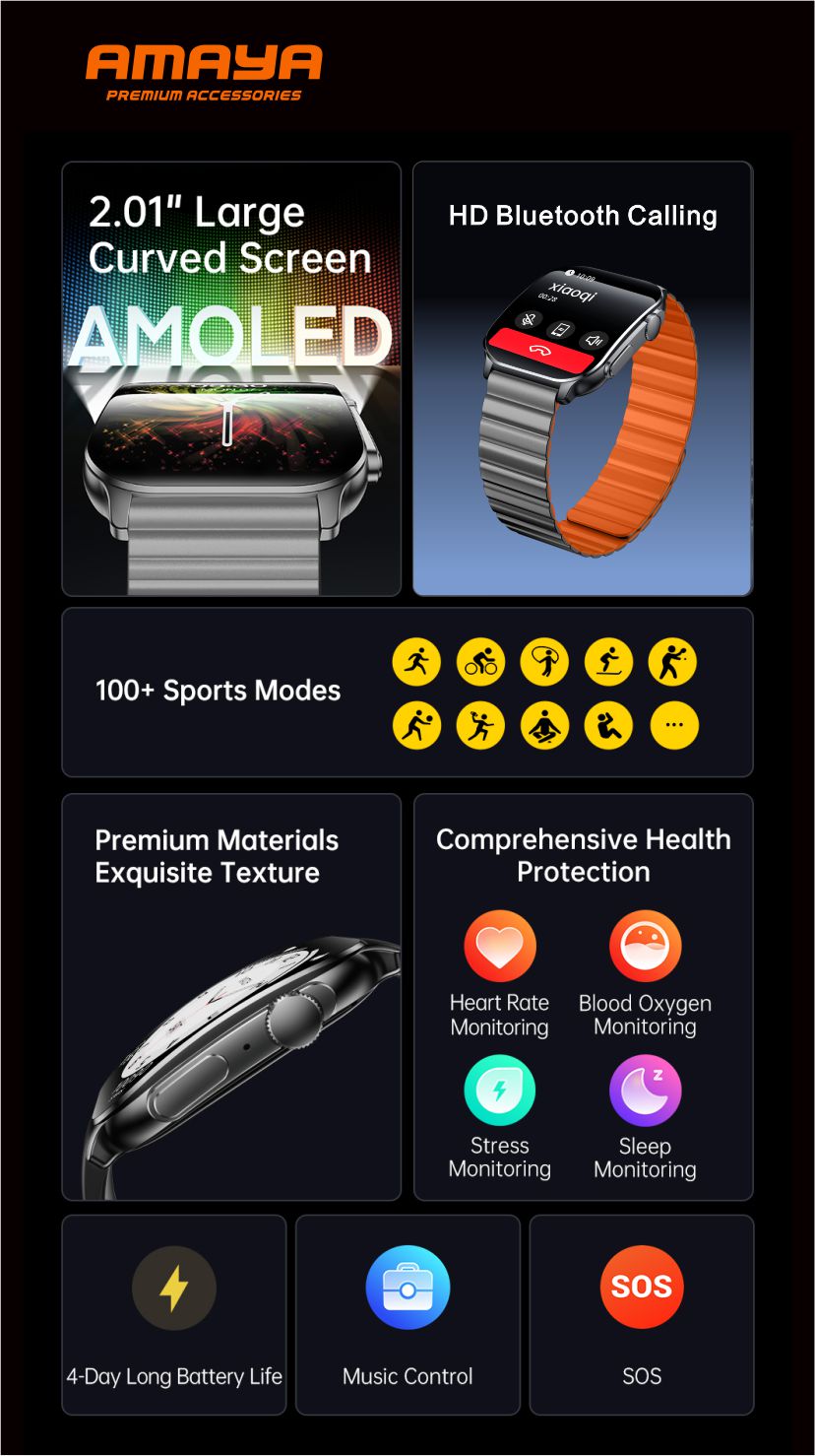 AMAYA ASW-07 PREMIUM SMARTWATCH EQUIPPED WITH DUAL STRAPS, Magnetic Straps, Blood Oxygen Monitor, Heart Rate Monitor, Bluetooth Call, Blood Pressure, AMOLED, IP68 WATERPROOF, Long Battery Life