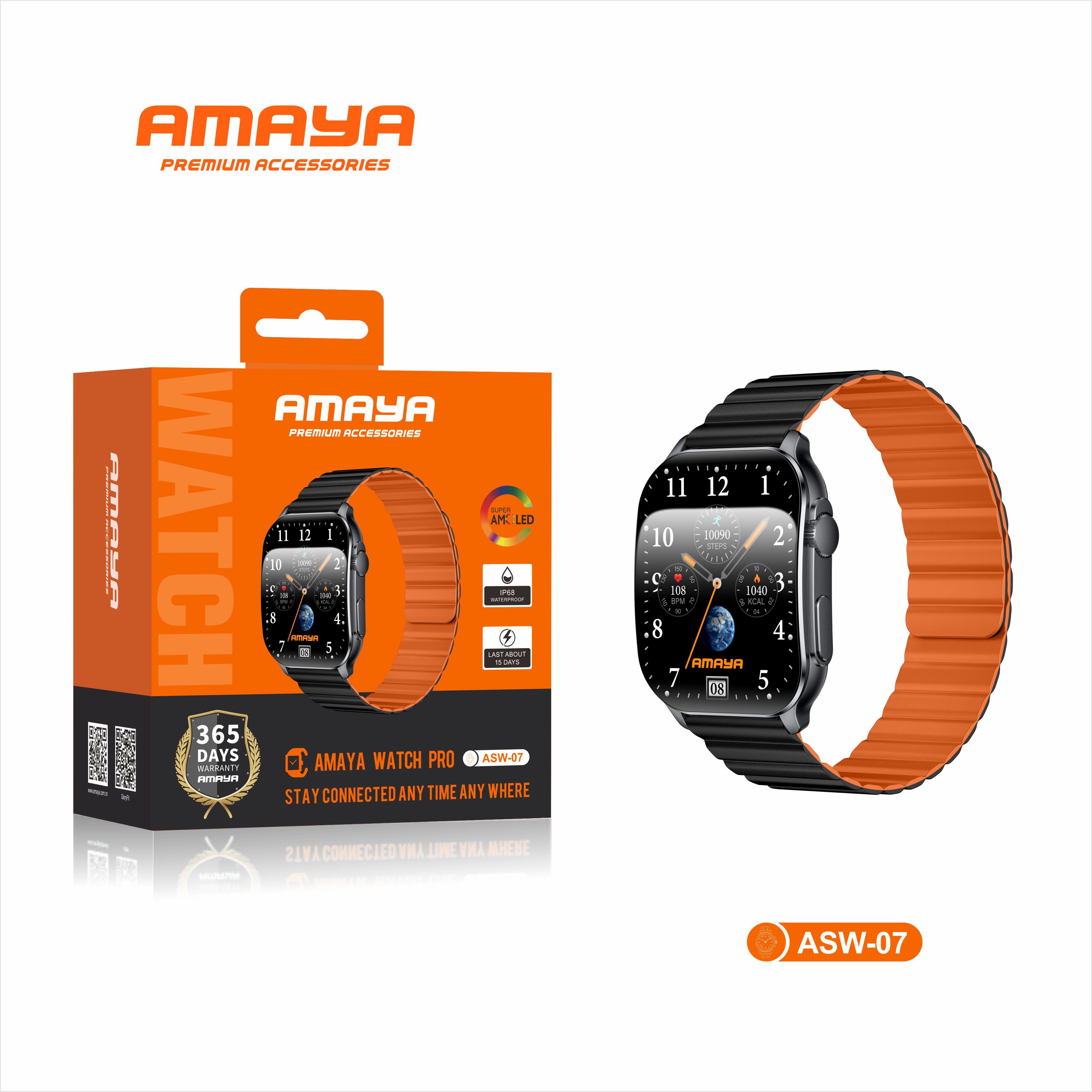AMAYA ASW-07 PREMIUM SMARTWATCH EQUIPPED WITH DUAL STRAPS, Magnetic Straps, Blood Oxygen Monitor, Heart Rate Monitor, Bluetooth Call, Blood Pressure, AMOLED, IP68 WATERPROOF, Long Battery Life