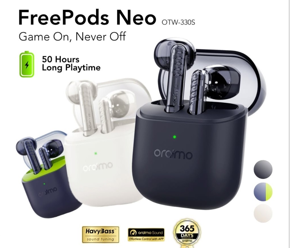 Oraimo FreePods Neo Wireless Earphones OTW-330S – Massive 50 Hours Long Playtime, HavyBass Sound, App Control Bluetooth Earbuds.