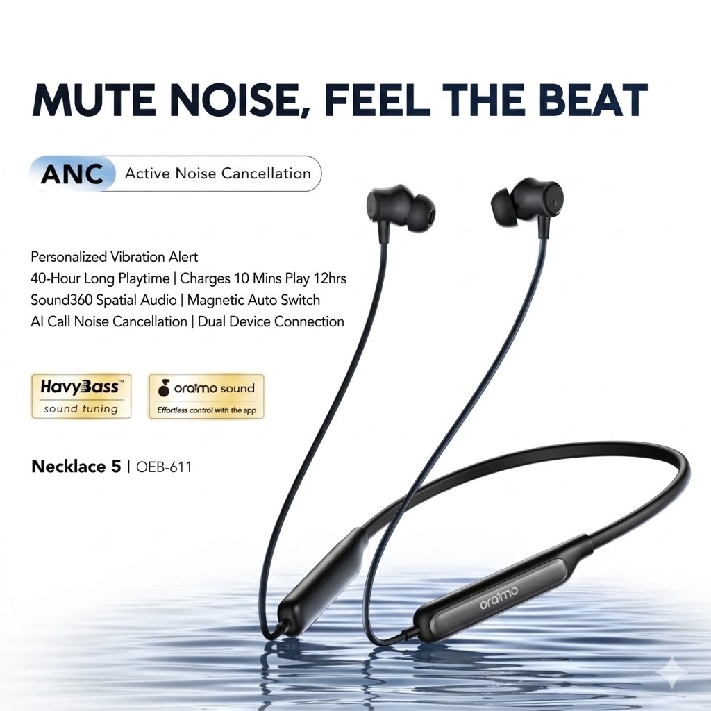 Oraimo Necklace 5 Bluetooth Neckband (OEB-611) |HavyBass™ Bluetooth Headset, Active 30dB Noise Cancellation, 40-Hour Battery, Magnetic Switch & Vibration Alert