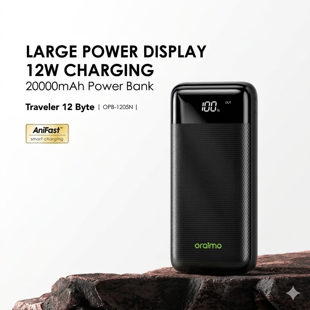 Oraimo Traveler 12 Byte (OPB-1205N) 20000mAh Portable Charger – Long-Lasting Battery with Large LED Power Status Display, AniFast Technology Smart Fast Charging Power Bank for Phones & Tablets