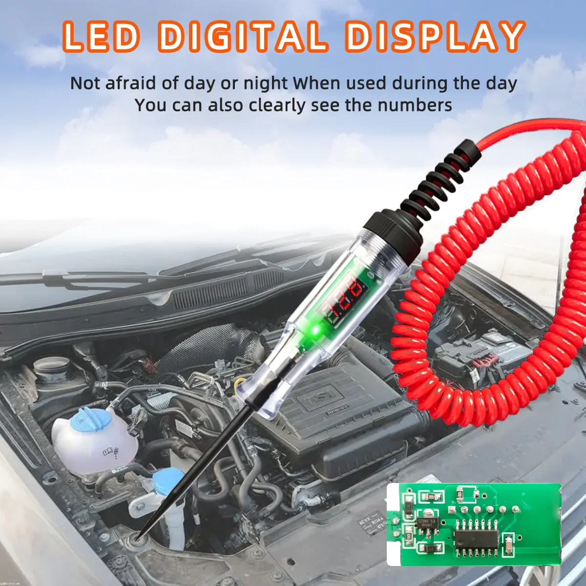 Car Truck Voltage Circuit Tester Digital Led Long Probe Pen Bulb Automobile Diagnostic Tools Auto Repair 6V 12V 24V 36V 70V DC