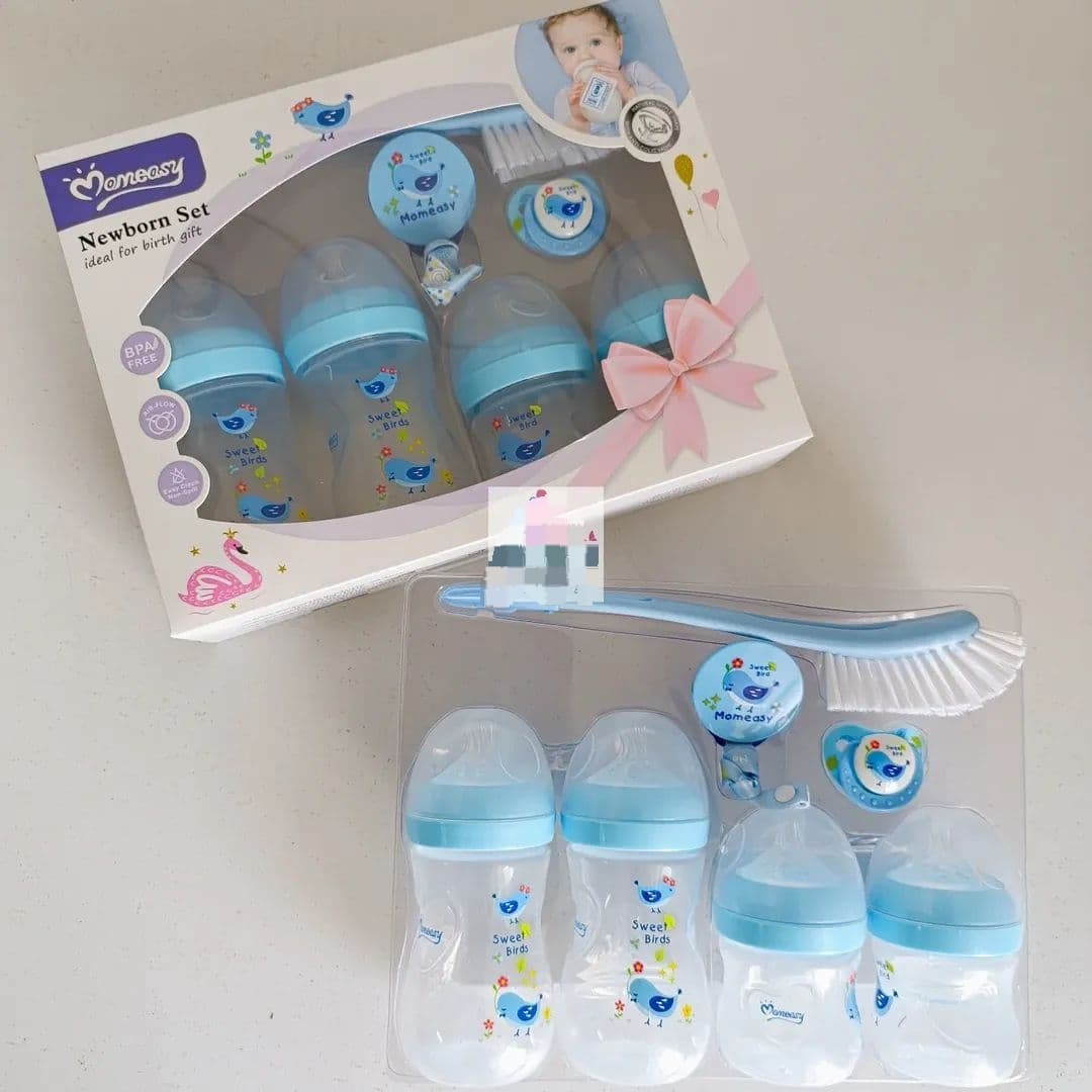 BLUE Momeasy Newborn Feeding Bottle Gift Set - Ideal gift for new parents or baby shower, providing all essential feeding items in one set.