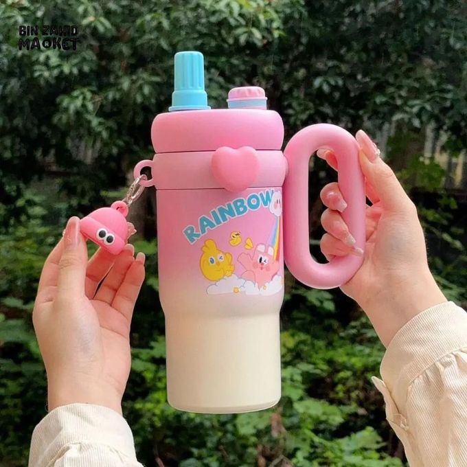 Kids Cartoon Stanley Cup Water Bottle – Rainbow Theme, Pastel Colors, Heart Badge