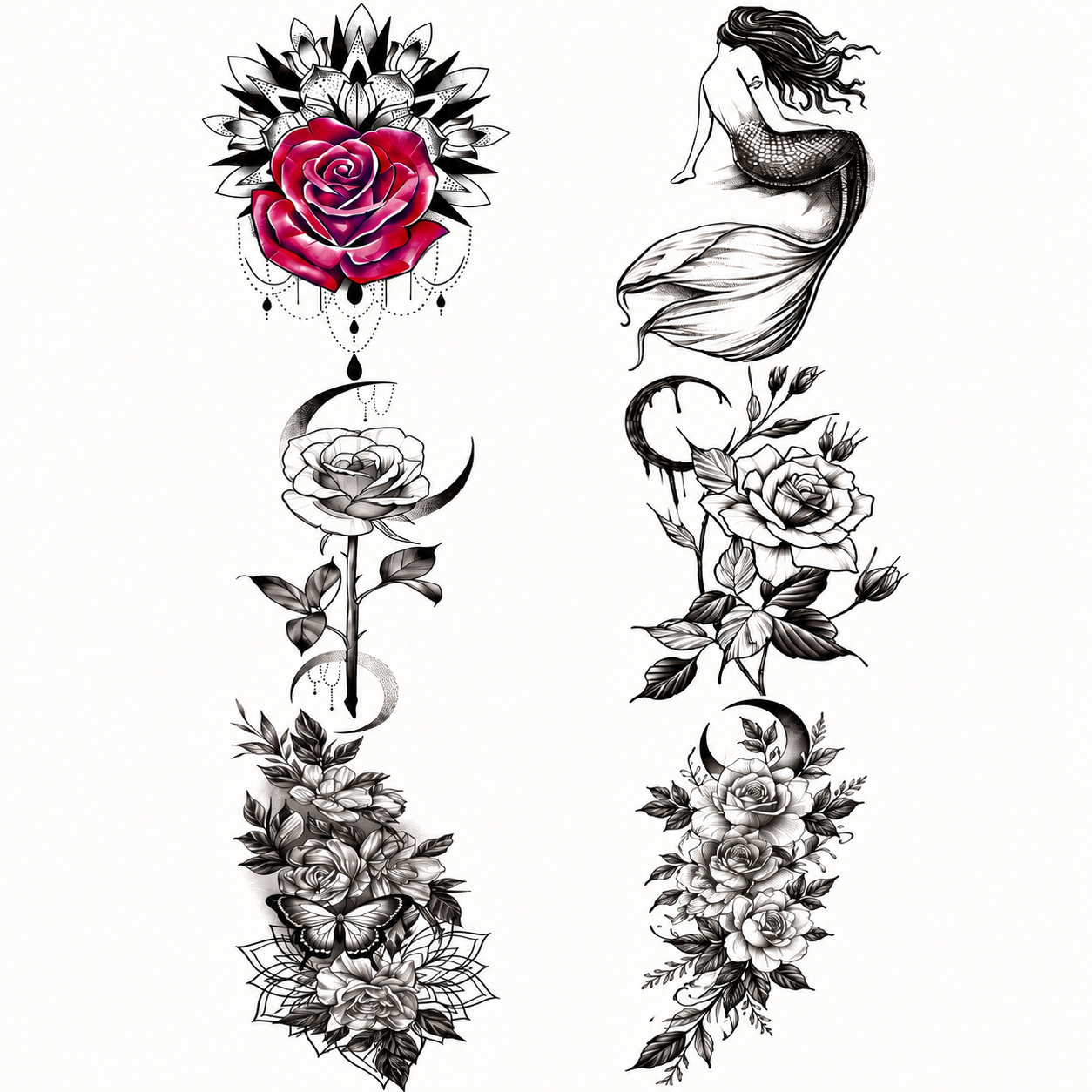 6 Pcs Waterproof Black Flower Pattern Body Tattoo Stickers—Durable, Long-Lasting for 3-5 Days, Suitable for Men and Women on Arm, Chest, Tummy, Back