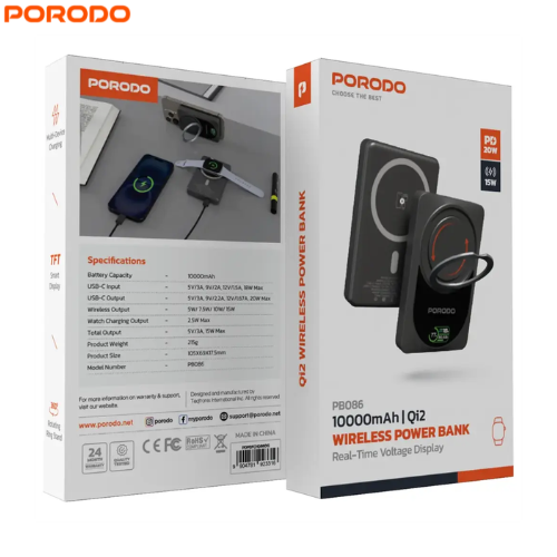 Porodo PDPBFCH086DG 10000mAh Qi2 Wireless Power Bank with 15W Max Output and PD 20W,360° Rotating Ring Stand,TFT Smart Display & Wireless Charging 15W