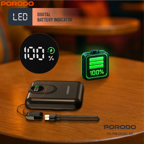 Porodo PD-PBFCH082-BK 10000mAh MagSafe Power Bank 15W Wireless & PD 22.5W Fast Charging,Digital Battery Indicator,