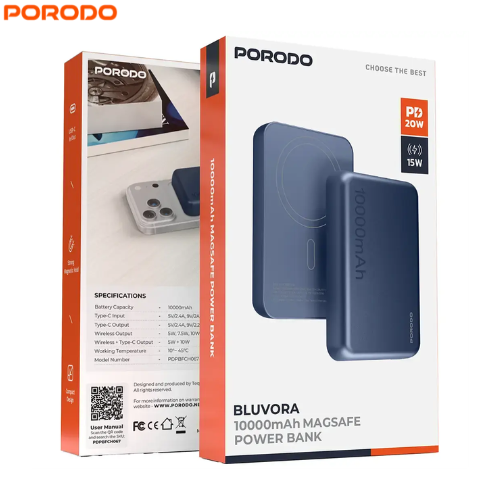 Porodo PDPBFCH067BU 10000mAh Mag Safe Power Bank | 15W Wireless | 20W Power Delivery,Lightweight and Portable,Strong Magnetic Hold and Type-C Input/Output