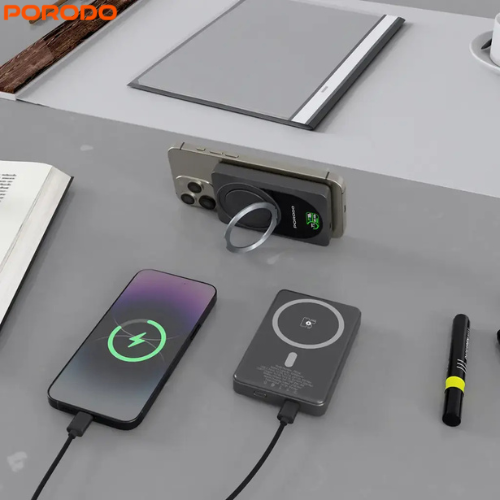 Porodo PDPBFCH086DG 10000mAh Qi2 Wireless Power Bank with 15W Max Output and PD 20W,360° Rotating Ring Stand,TFT Smart Display & Wireless Charging 15W
