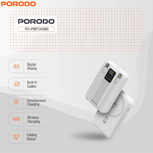 Porodo 10000mAh MagSafe Power Bank | Built-In Lightning and USB-C Cables | PDPBFCH080WH