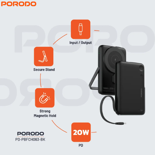 Porodo PD-PBFCH065-BK  MagSafe 10000mAh Power Bank | Built-In Type-C & Stand ,Strong Magnetic Hold,15W  Wireless Output and 20W Power Delivery (PD)