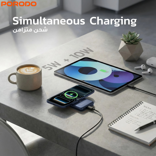 Porodo PDPBFCH067BU 10000mAh Mag Safe Power Bank | 15W Wireless | 20W Power Delivery,Lightweight and Portable,Strong Magnetic Hold and Type-C Input/Output