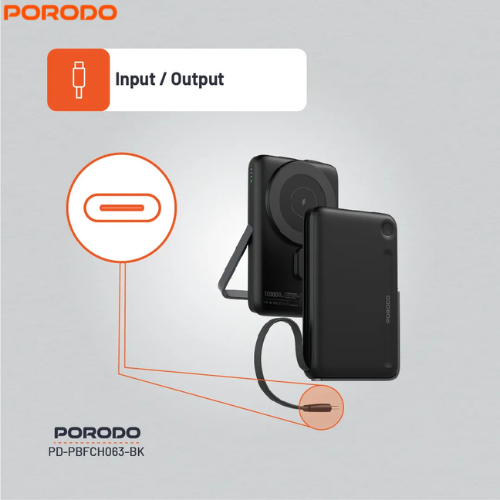 Porodo PD-PBFCH065-BK  MagSafe 10000mAh Power Bank | Built-In Type-C & Stand ,Strong Magnetic Hold,15W  Wireless Output and 20W Power Delivery (PD)