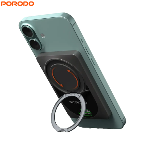 Porodo PDPBFCH086DG 10000mAh Qi2 Wireless Power Bank with 15W Max Output and PD 20W,360° Rotating Ring Stand,TFT Smart Display & Wireless Charging 15W