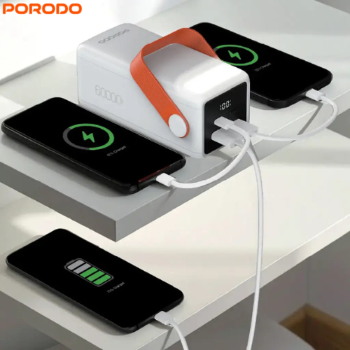 Porodo PDPBXRT60WH PortaPower 60000mAh Fast Charging Power Bank with Built-In LED Lighting and Flashlight,Smart Protection Features & Portable Handle