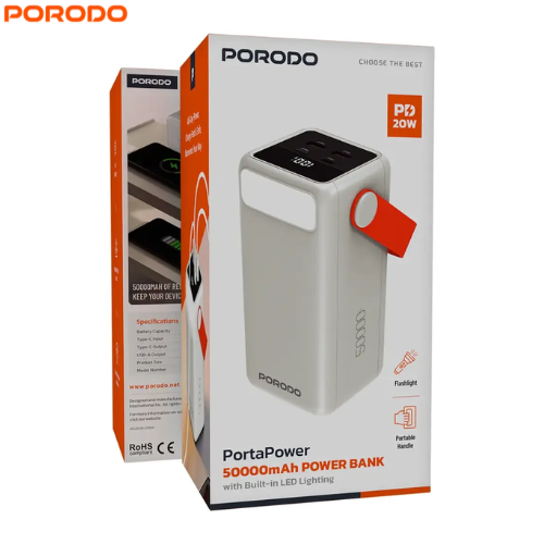 Porodo PDPBXRT50WH PortaPower 50000mAh Fast Charging Power Bank with Built-In LED Lighting,Flashlight,Multiple Output Ports and PD 20W